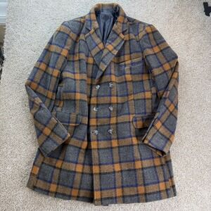 Nohow Coat Mens EU 52 Gray Plaid Overcoat Winter Double Breasted Made In Italy